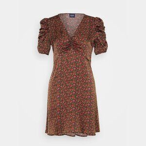 Gap Burgundy Ditsy Floral Print Puff-Sleeve Ruched Mini Dress